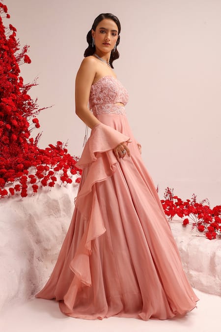 Buy Label Moni K Pink Georgette, Organza Diamonds, Sequins Dori Embroidered Blush Anarkali Set Online at Aza Fashions Buy_Label Moni K_Pink Georgette, Organza Diamonds, Sequins Dori Embroidered Blush Anarkali Set _Online_at_Aza_Fashions