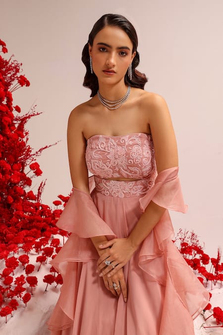 Shop Label Moni K Pink Georgette, Organza Diamonds, Sequins Dori Embroidered Blush Anarkali Set Online at Aza Fashions Shop_Label Moni K_Pink Georgette, Organza Diamonds, Sequins Dori Embroidered Blush Anarkali Set _Online_at_Aza_Fashions