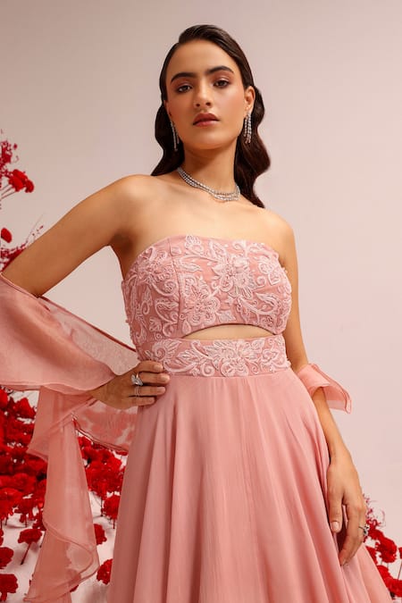 Label Moni K Pink Georgette, Organza Diamonds, Sequins Dori Embroidered Blush Anarkali Set at Aza Fashions Label Moni K_Pink Georgette, Organza Diamonds, Sequins Dori Embroidered Blush Anarkali Set _at_Aza_Fashions