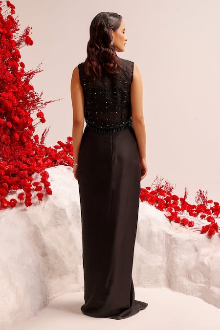 Shop Label Moni K Black Satin, Organza Sequins, Beads V-neck Cutwork Embellished Jacket Skirt Set at Aza Fashions Shop_Label Moni K_Black Satin, Organza Sequins, Beads V-neck Cutwork Embellished Jacket Skirt Set _at_Aza_Fashions