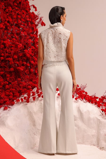 Shop Label Moni K White Organza, Lycra Beads, Sequins Floral Cutwork Embellished Jacket Pant Set at Aza Fashions Shop_Label Moni K_White Organza, Lycra Beads, Sequins Floral Cutwork Embellished Jacket Pant Set _at_Aza_Fashions