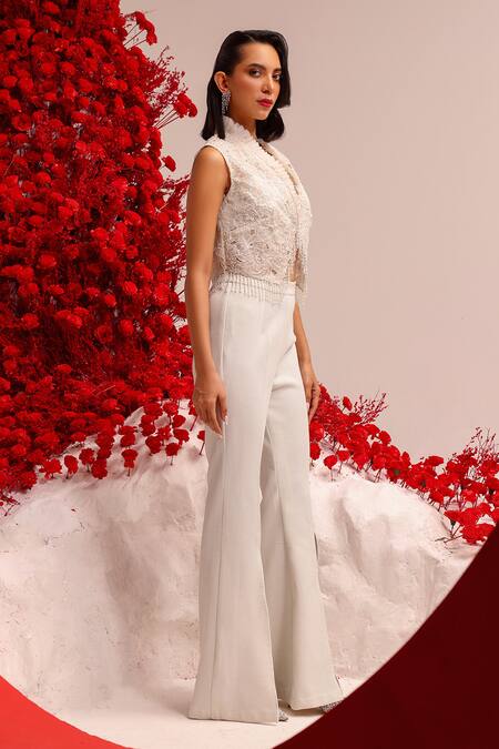 Shop Label Moni K White Organza, Lycra Beads, Sequins Floral Cutwork Embellished Jacket Pant Set Online at Aza Fashions Shop_Label Moni K_White Organza, Lycra Beads, Sequins Floral Cutwork Embellished Jacket Pant Set _Online_at_Aza_Fashions