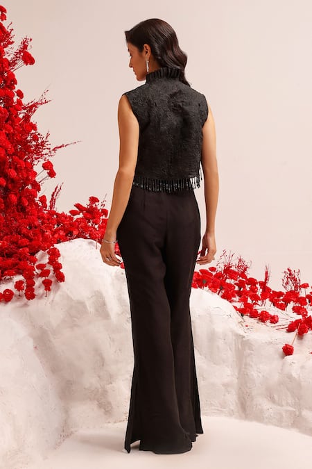 Shop Label Moni K Black Organza, Lycra Beads, Galaxy Eye Cutwork Embellished Jacket Pant Set at Aza Fashions Shop_Label Moni K_Black Organza, Lycra Beads, Galaxy Eye Cutwork Embellished Jacket Pant Set _at_Aza_Fashions