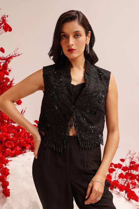 Shop Label Moni K Black Organza, Lycra Beads, Galaxy Eye Cutwork Embellished Jacket Pant Set Online at Aza Fashions Shop_Label Moni K_Black Organza, Lycra Beads, Galaxy Eye Cutwork Embellished Jacket Pant Set _Online_at_Aza_Fashions