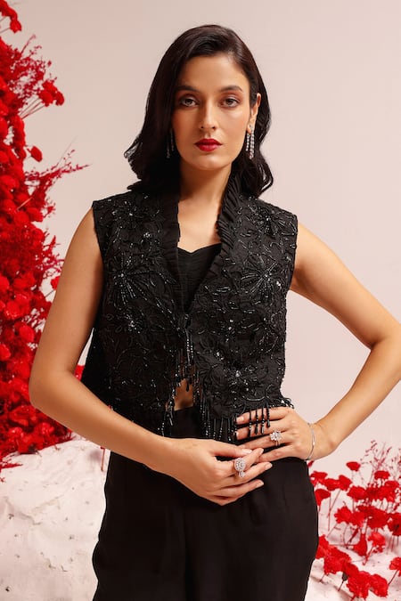 Label Moni K Black Organza, Lycra Beads, Galaxy Eye Cutwork Embellished Jacket Pant Set at Aza Fashions Label Moni K_Black Organza, Lycra Beads, Galaxy Eye Cutwork Embellished Jacket Pant Set _at_Aza_Fashions