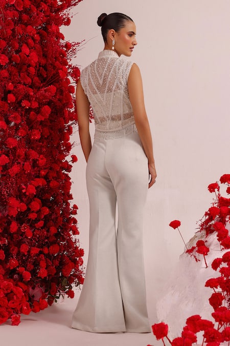 Shop_Label Moni K_White Organza, Lycra Beads, Sequins V-neck Embellished Jacket And Pant Set _at_Aza_Fashions