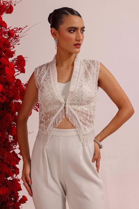 Shop_Label Moni K_White Organza, Lycra Beads, Sequins V-neck Embellished Jacket And Pant Set _Online_at_Aza_Fashions