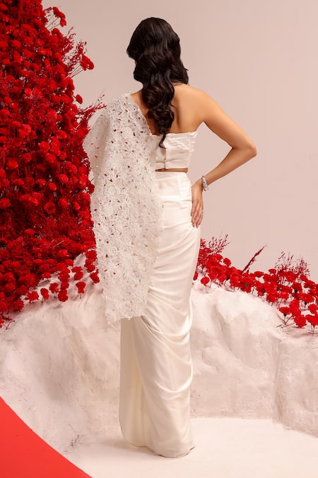 Shop Label Moni K White Organza, Satin Pearls, Embroidery Sweetheart Embellished Draped Skirt Set at Aza Fashions Shop_Label Moni K_White Organza, Satin Pearls, Embroidery Sweetheart Embellished Draped Skirt Set _at_Aza_Fashions