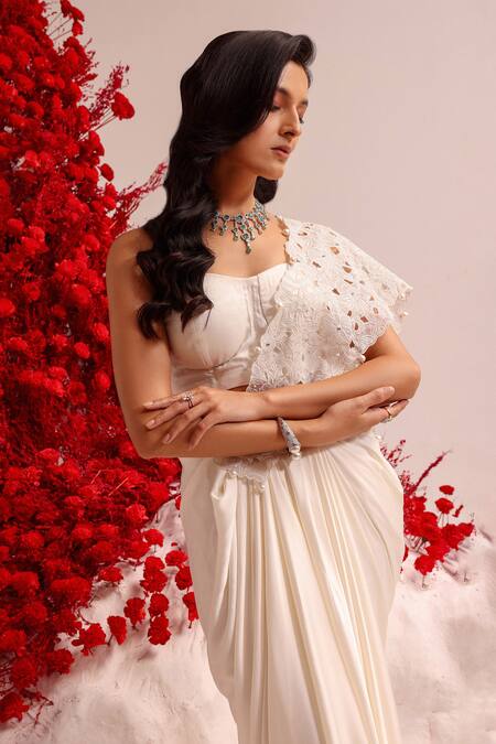 Buy Label Moni K White Organza, Satin Pearls, Embroidery Sweetheart Embellished Draped Skirt Set Online at Aza Fashions Buy_Label Moni K_White Organza, Satin Pearls, Embroidery Sweetheart Embellished Draped Skirt Set _Online_at_Aza_Fashions