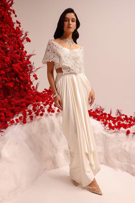 Label Moni K White Organza, Satin Pearls, Embroidery Sweetheart Embellished Draped Skirt Set at Aza Fashions Label Moni K_White Organza, Satin Pearls, Embroidery Sweetheart Embellished Draped Skirt Set _at_Aza_Fashions