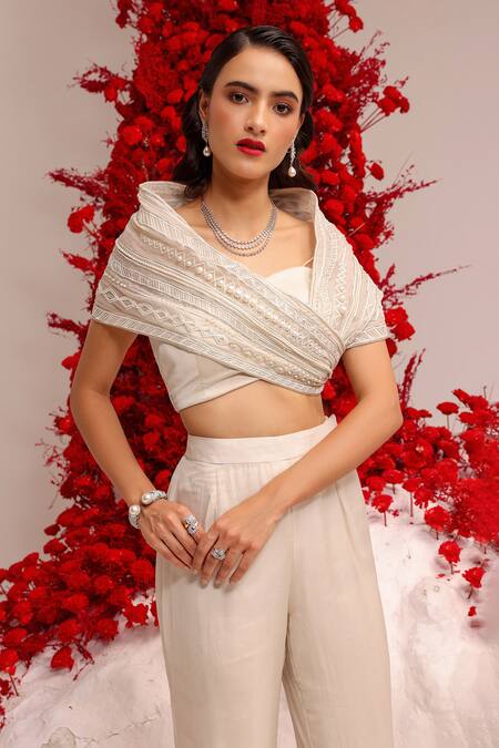 Buy Label Moni K White Silk, Lycra, Organza Pearls, Embroidery Resham Embellished Wrap Pant Set Online at Aza Fashions Buy_Label Moni K_White Silk, Lycra, Organza Pearls, Embroidery Resham Embellished Wrap Pant Set _Online_at_Aza_Fashions