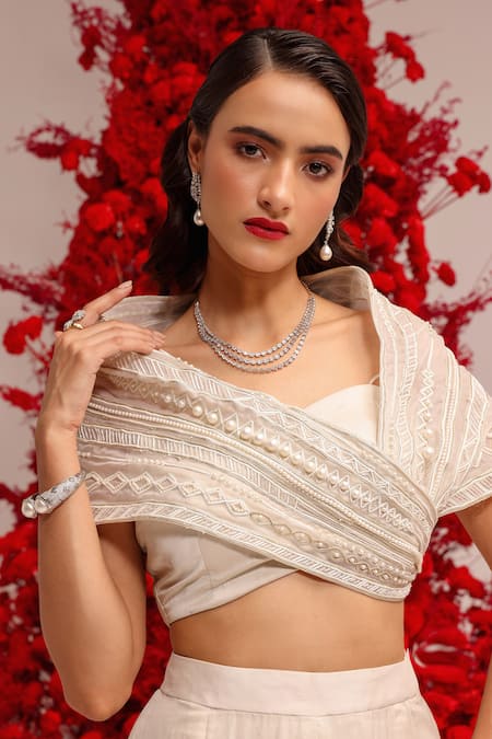 Shop Label Moni K White Silk, Lycra, Organza Pearls, Embroidery Resham Embellished Wrap Pant Set Online at Aza Fashions Shop_Label Moni K_White Silk, Lycra, Organza Pearls, Embroidery Resham Embellished Wrap Pant Set _Online_at_Aza_Fashions