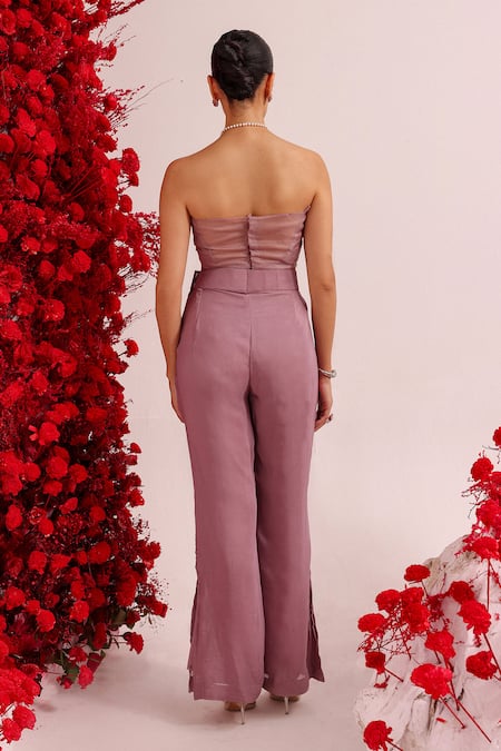 Shop Label Moni K Purple Organza Sequins, Embroidery Sweetheart Resham Cutwork Blouse And Pant Set at Aza Fashions Shop_Label Moni K_Purple Organza Sequins, Embroidery Sweetheart Resham Cutwork Blouse And Pant Set _at_Aza_Fashions