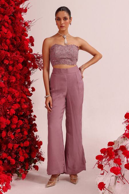 Label Moni K Purple Organza Sequins, Embroidery Sweetheart Resham Cutwork Blouse And Pant Set Online at Aza Fashions Label Moni K_Purple Organza Sequins, Embroidery Sweetheart Resham Cutwork Blouse And Pant Set _Online_at_Aza_Fashions