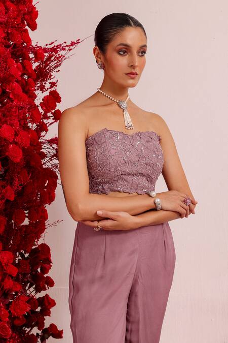 Buy Label Moni K Purple Organza Sequins, Embroidery Sweetheart Resham Cutwork Blouse And Pant Set Online at Aza Fashions Buy_Label Moni K_Purple Organza Sequins, Embroidery Sweetheart Resham Cutwork Blouse And Pant Set _Online_at_Aza_Fashions