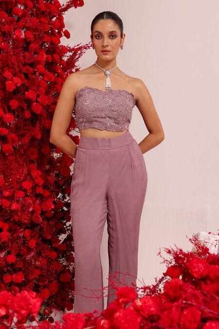 Shop Label Moni K Purple Organza Sequins, Embroidery Sweetheart Resham Cutwork Blouse And Pant Set Online at Aza Fashions Shop_Label Moni K_Purple Organza Sequins, Embroidery Sweetheart Resham Cutwork Blouse And Pant Set _Online_at_Aza_Fashions