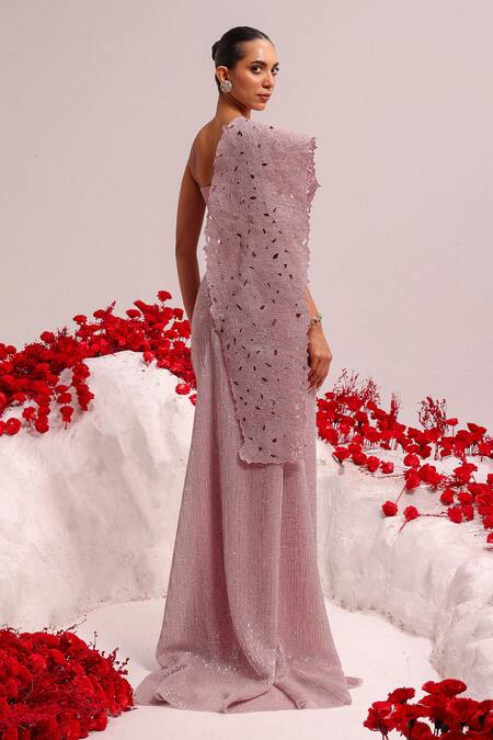 Shop Label Moni K Purple Net Sequins, Embroidery Sweetheart Neck Pre-draped Saree at Aza Fashions Shop_Label Moni K_Purple Net Sequins, Embroidery Sweetheart Neck Pre-draped Saree_at_Aza_Fashions