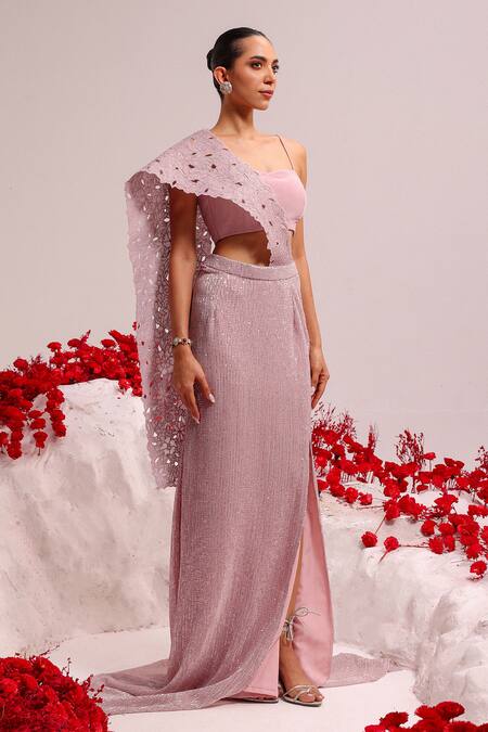 Label Moni K Purple Net Sequins, Embroidery Sweetheart Neck Pre-draped Saree Online at Aza Fashions Label Moni K_Purple Net Sequins, Embroidery Sweetheart Neck Pre-draped Saree_Online_at_Aza_Fashions