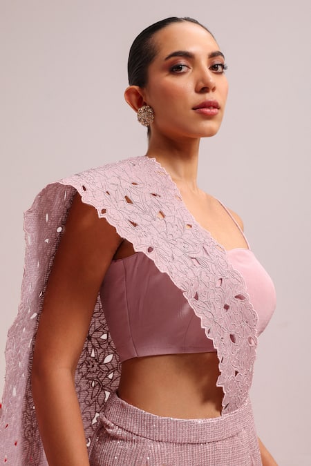 Shop Label Moni K Purple Net Sequins, Embroidery Sweetheart Neck Pre-draped Saree Online at Aza Fashions Shop_Label Moni K_Purple Net Sequins, Embroidery Sweetheart Neck Pre-draped Saree_Online_at_Aza_Fashions