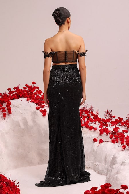 Shop Label Moni K Black Organza Sequins Sweetheart Neck 3d Floral Corset And Skirt Set at Aza Fashions Shop_Label Moni K_Black Organza Sequins Sweetheart Neck 3d Floral Corset And Skirt Set _at_Aza_Fashions