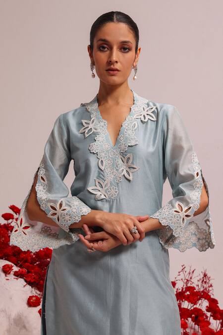 Buy_Label Moni K_Blue Silk, Chanderi Embroidery V-neck Resham Cutwork Kurta And Pant Set_Online_at_Aza_Fashions