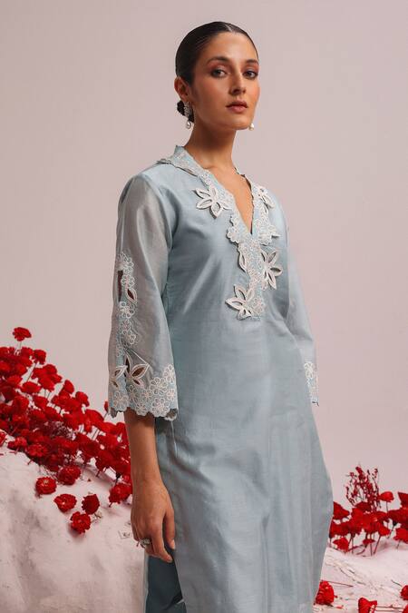 Shop_Label Moni K_Blue Silk, Chanderi Embroidery V-neck Resham Cutwork Kurta And Pant Set_Online_at_Aza_Fashions