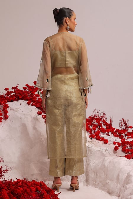 Shop Label Moni K Green Organza, Lurex, Chanderi Mirrors Mint Embellished Kurta And Pant Set at Aza Fashions Shop_Label Moni K_Green Organza, Lurex, Chanderi Mirrors Mint Embellished Kurta And Pant Set _at_Aza_Fashions