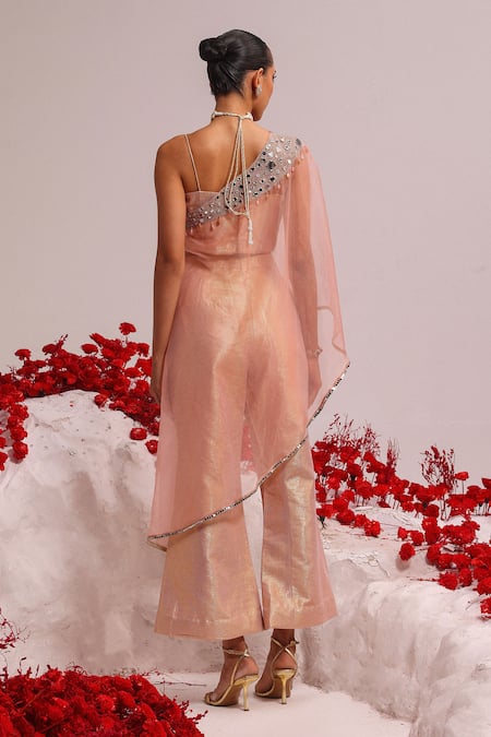 Shop Label Moni K Pink Organza, Lurex Mirrors Asymmetric Embellished Kurta Set at Aza Fashions Shop_Label Moni K_Pink Organza, Lurex Mirrors Asymmetric Embellished Kurta Set _at_Aza_Fashions