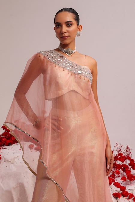 Label Moni K Pink Organza, Lurex Mirrors Asymmetric Embellished Kurta Set Online at Aza Fashions Label Moni K_Pink Organza, Lurex Mirrors Asymmetric Embellished Kurta Set _Online_at_Aza_Fashions