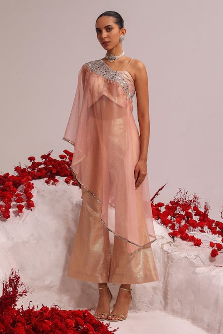Shop Label Moni K Pink Organza, Lurex Mirrors Asymmetric Embellished Kurta Set Online at Aza Fashions Shop_Label Moni K_Pink Organza, Lurex Mirrors Asymmetric Embellished Kurta Set _Online_at_Aza_Fashions