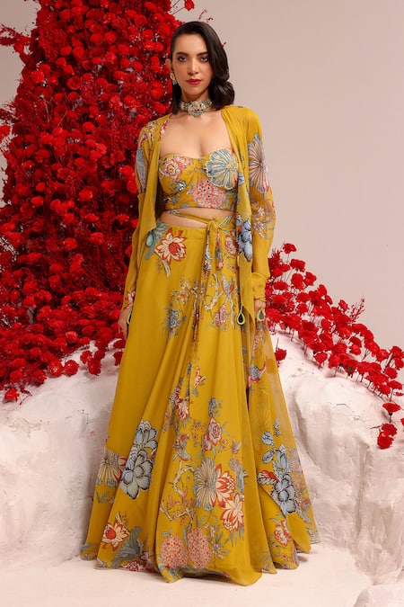 Label Moni K Embellished Yellow Jacket & Corset Lehenga Set 