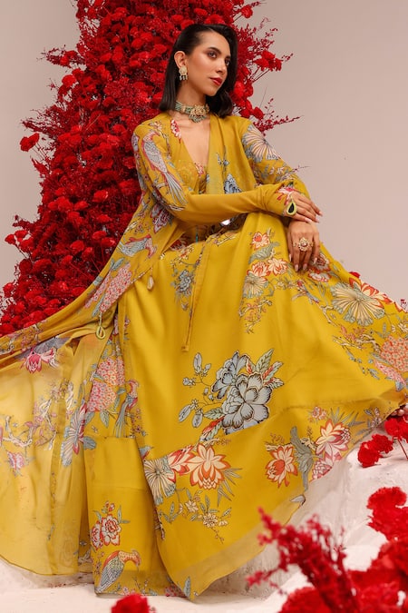 Label Moni K_Yellow Georgette Mirrors, Embroidery Embellished Jacket And Corset Lehenga Set _Online_at_Aza_Fashions