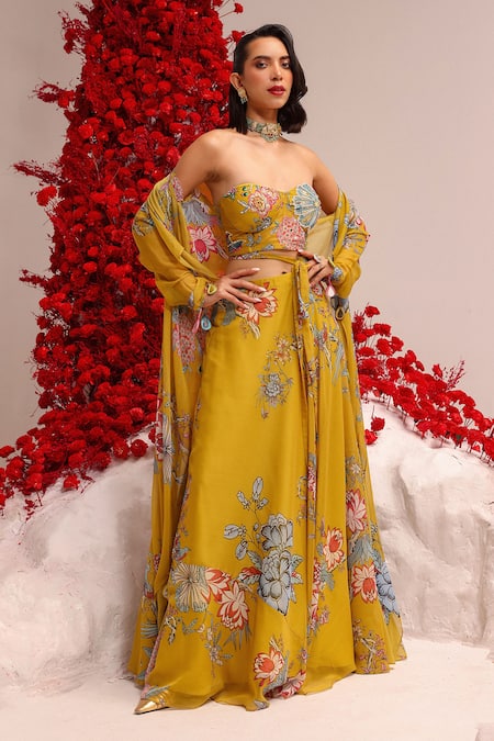 Buy_Label Moni K_Yellow Georgette Mirrors, Embroidery Embellished Jacket And Corset Lehenga Set _Online_at_Aza_Fashions
