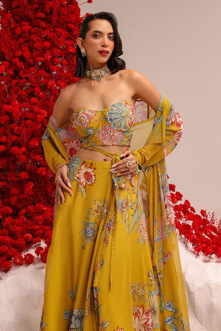 Shop_Label Moni K_Yellow Georgette Mirrors, Embroidery Embellished Jacket And Corset Lehenga Set _Online_at_Aza_Fashions