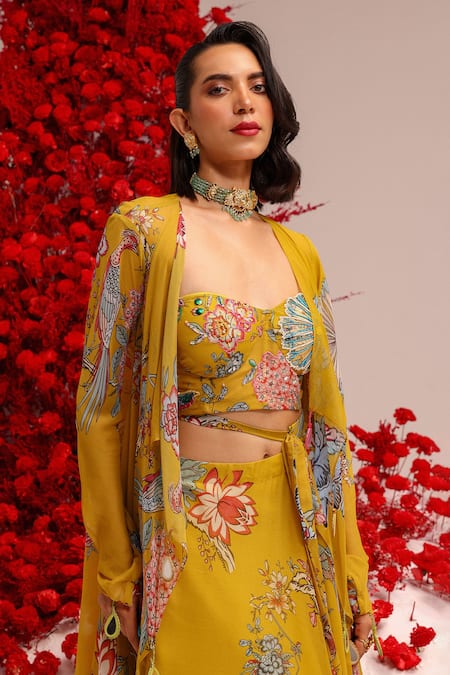 Label Moni K_Yellow Georgette Mirrors, Embroidery Embellished Jacket And Corset Lehenga Set _at_Aza_Fashions