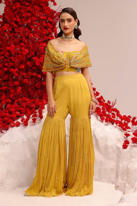 Label Moni K Yellow Organza, Georgette Mirrors, Embroidery Sweetheart Floral Gharara Set Online at Aza Fashions Label Moni K_Yellow Organza, Georgette Mirrors, Embroidery Sweetheart Floral Gharara Set _Online_at_Aza_Fashions