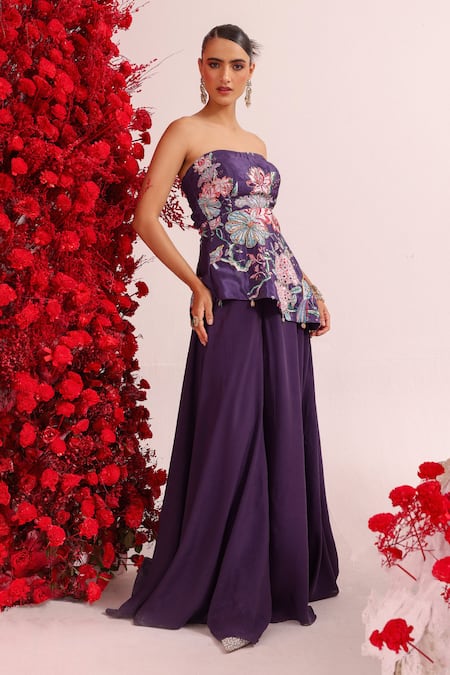 Shop_Label Moni K_Purple Crepe Mirrors, Sequins, Beads, Botanical Print Peplum Top And Sharara Set _at_Aza_Fashions