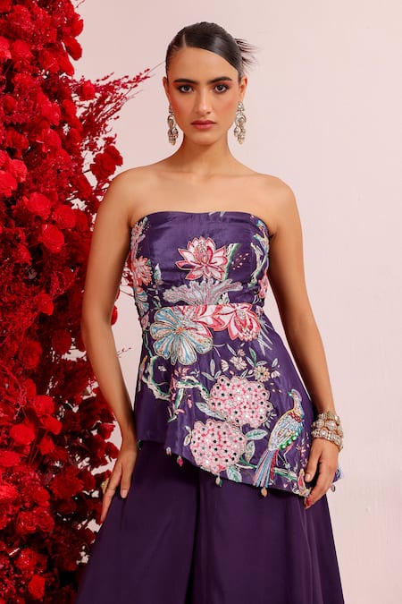Label Moni K_Purple Crepe Mirrors, Sequins, Beads, Botanical Print Peplum Top And Sharara Set _Online_at_Aza_Fashions