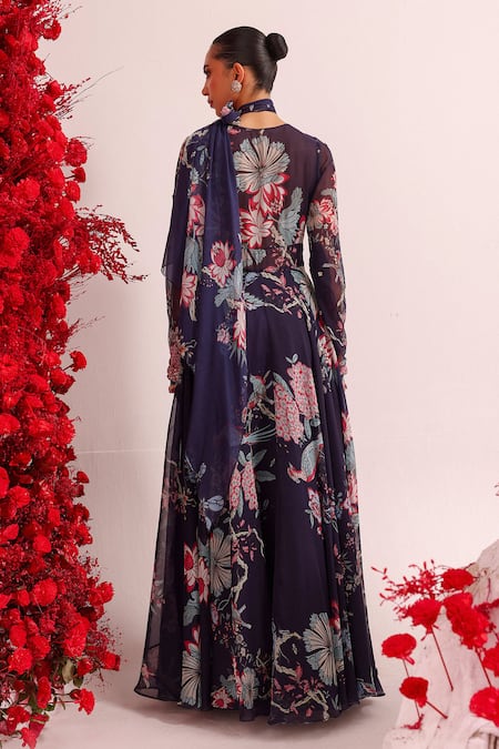 Shop_Label Moni K_Purple Georgette Embroidery, Stones Floral Print Anarkali Set With Dupatta _at_Aza_Fashions