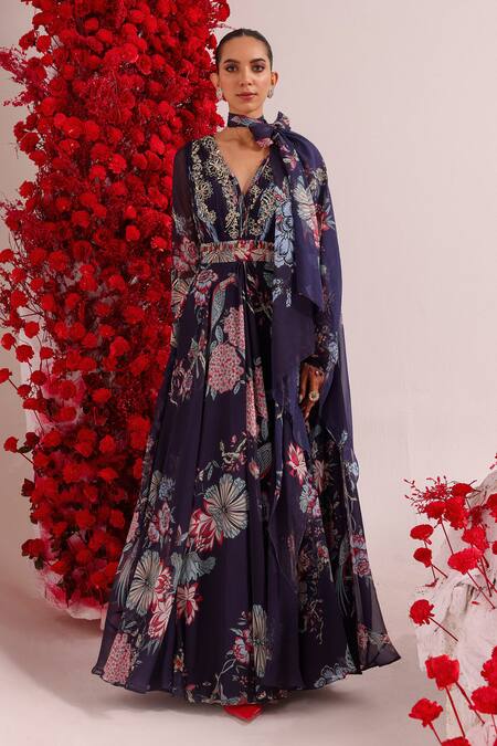 Label Moni K_Purple Georgette Embroidery, Stones Floral Print Anarkali Set With Dupatta _Online_at_Aza_Fashions