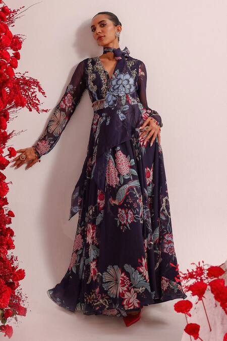 Buy_Label Moni K_Purple Georgette Embroidery, Stones Floral Print Anarkali Set With Dupatta _Online_at_Aza_Fashions