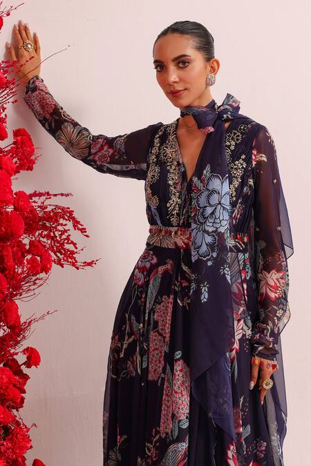 Shop_Label Moni K_Purple Georgette Embroidery, Stones Floral Print Anarkali Set With Dupatta _Online_at_Aza_Fashions