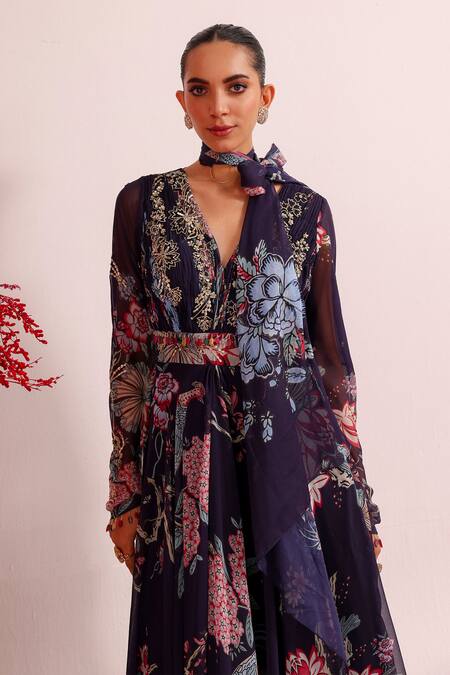 Label Moni K_Purple Georgette Embroidery, Stones Floral Print Anarkali Set With Dupatta _at_Aza_Fashions