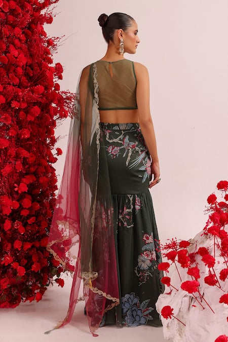 Shop Label Moni K Green Net, Georgette Embroidery, Stones Floral Print Fishcut Lehenga And Blouse at Aza Fashions Shop_Label Moni K_Green Net, Georgette Embroidery, Stones Floral Print Fishcut Lehenga And Blouse _at_Aza_Fashions