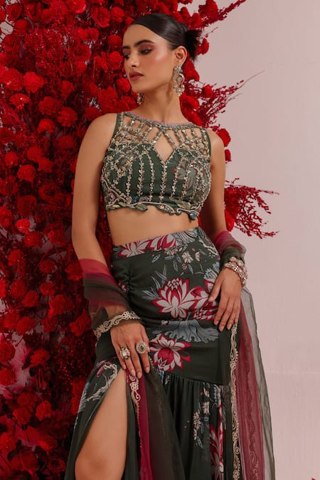 Label Moni K Green Net, Georgette Embroidery, Stones Floral Print Fishcut Lehenga And Blouse Online at Aza Fashions Label Moni K_Green Net, Georgette Embroidery, Stones Floral Print Fishcut Lehenga And Blouse _Online_at_Aza_Fashions