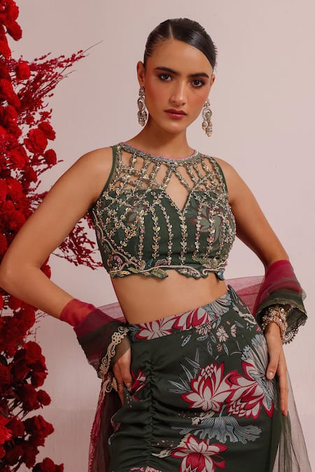Buy Label Moni K Green Net, Georgette Embroidery, Stones Floral Print Fishcut Lehenga And Blouse Online at Aza Fashions Buy_Label Moni K_Green Net, Georgette Embroidery, Stones Floral Print Fishcut Lehenga And Blouse _Online_at_Aza_Fashions