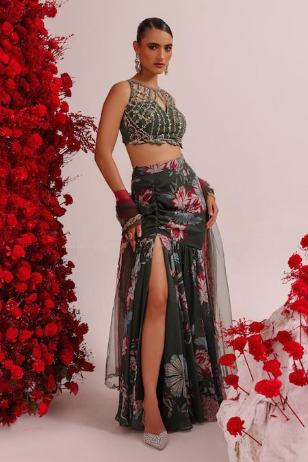 Shop Label Moni K Green Net, Georgette Embroidery, Stones Floral Print Fishcut Lehenga And Blouse Online at Aza Fashions Shop_Label Moni K_Green Net, Georgette Embroidery, Stones Floral Print Fishcut Lehenga And Blouse _Online_at_Aza_Fashions