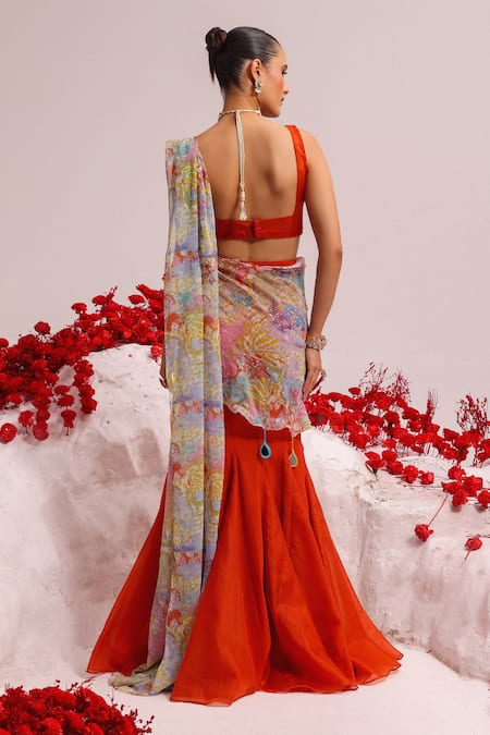 Shop Label Moni K Orange Crepe, Chiffon, Organza Embroidery, Tassels Fishcut Pleated Lehenga Set at Aza Fashions Shop_Label Moni K_Orange Crepe, Chiffon, Organza Embroidery, Tassels Fishcut Pleated Lehenga Set _at_Aza_Fashions