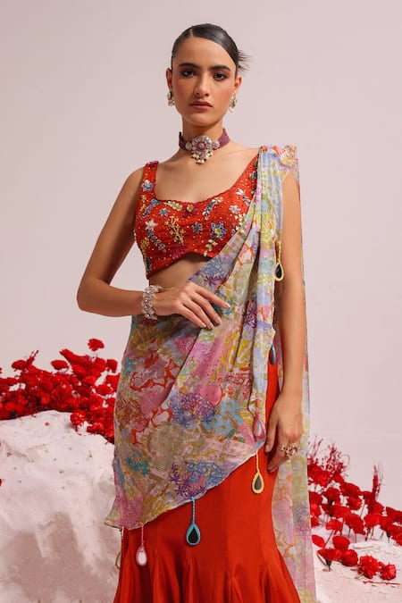 Buy Label Moni K Orange Crepe, Chiffon, Organza Embroidery, Tassels Fishcut Pleated Lehenga Set Online at Aza Fashions Buy_Label Moni K_Orange Crepe, Chiffon, Organza Embroidery, Tassels Fishcut Pleated Lehenga Set _Online_at_Aza_Fashions