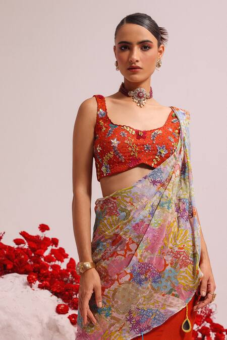 Shop Label Moni K Orange Crepe, Chiffon, Organza Embroidery, Tassels Fishcut Pleated Lehenga Set Online at Aza Fashions Shop_Label Moni K_Orange Crepe, Chiffon, Organza Embroidery, Tassels Fishcut Pleated Lehenga Set _Online_at_Aza_Fashions